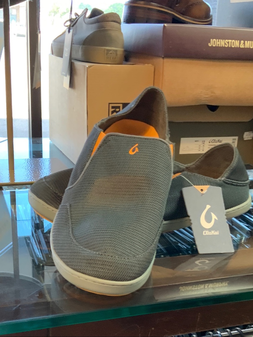 OLUKAI NOHEA  MESH Men's Gray Knit Slip-On Loafers with Orange Interior Accent
